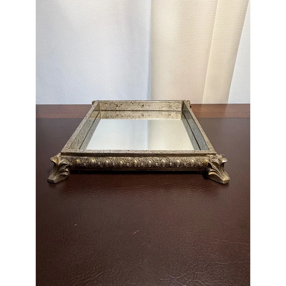 Vintage Ornate Mirrored Vanity Tray Champagne Gold Footed Perfume Jewelry Decor